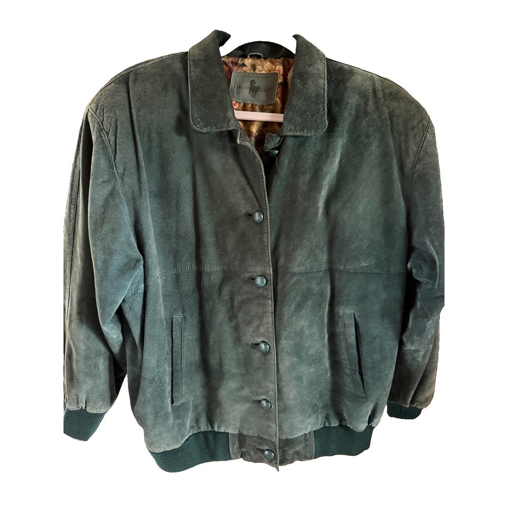 VTG Hunt Club Forest Green Suede Leather Bomber Jacket Floral Lining 80s Boho